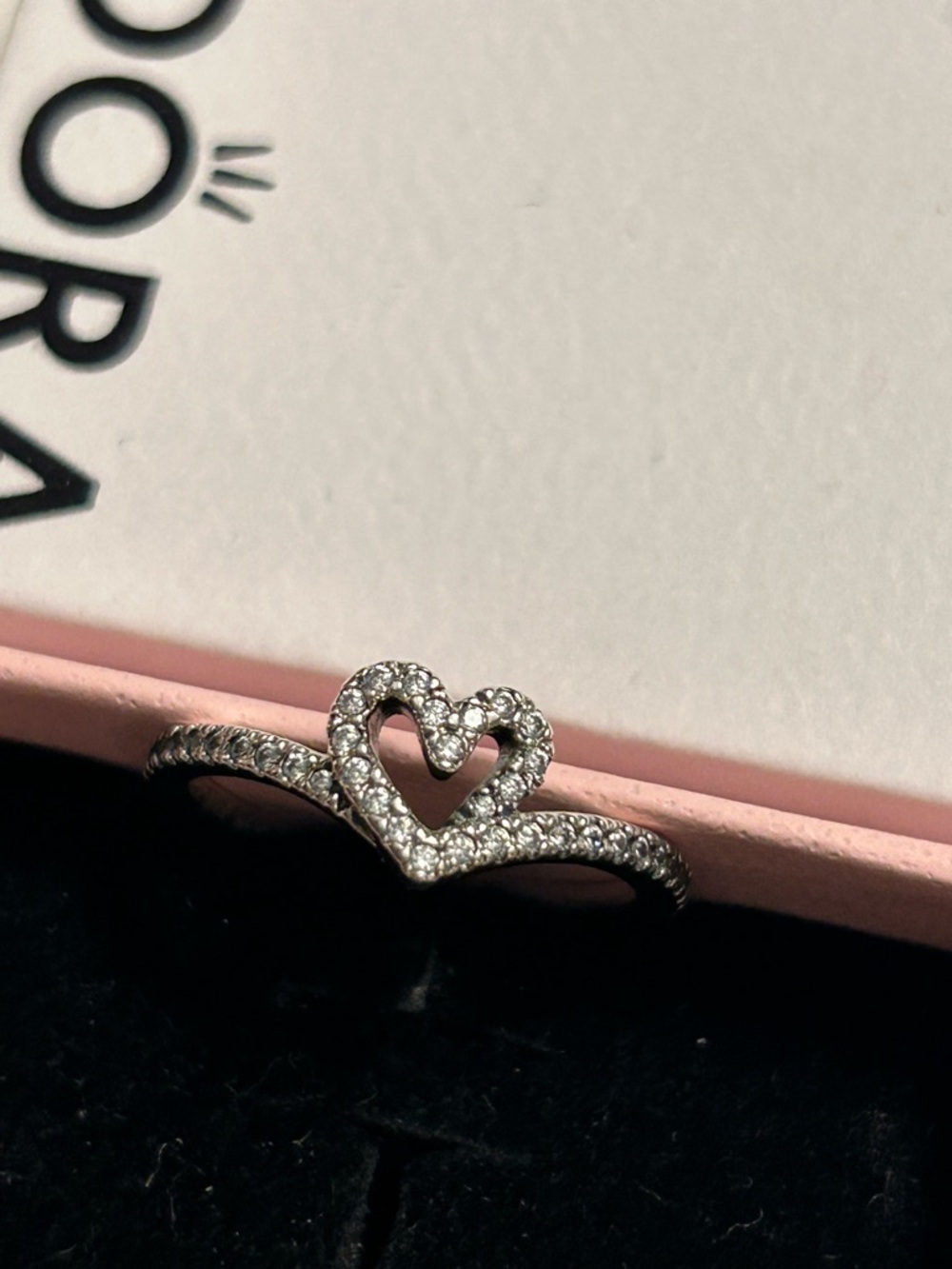 Pandora Wishbone Heart Ring Silver Sparkling Stones with Box Size 6 / 52 - Picture 2 of 6